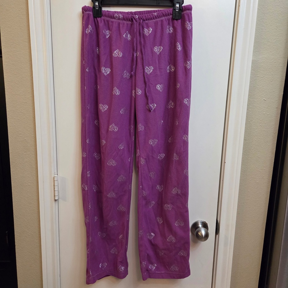 Joe Boxer Purple Fleece Pajama Pants Silver Glitter Hearts Small Relaxed PJs
